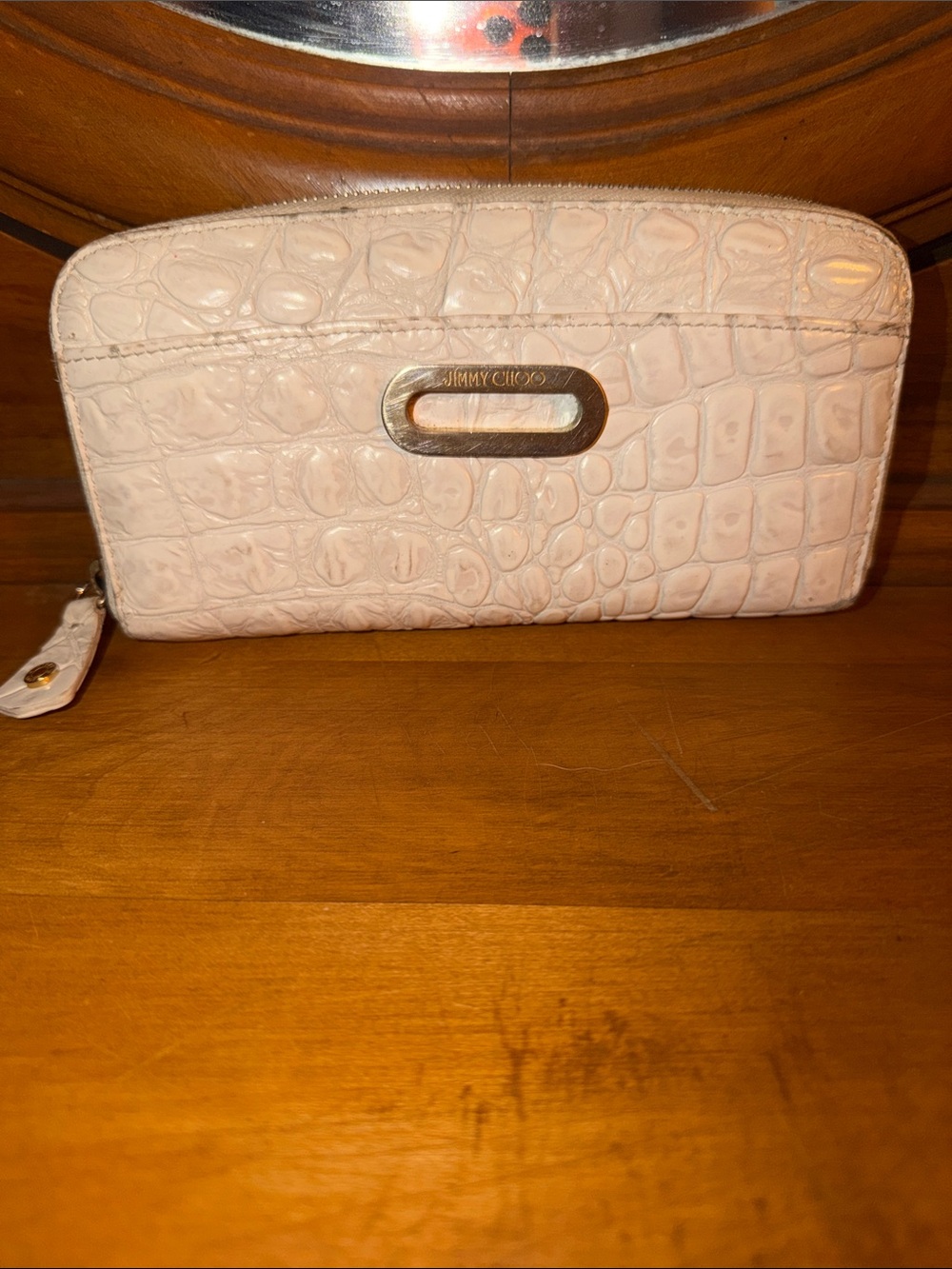 Jimmy Choo Croc-Embossed Zip Wallet with Gold Logo
